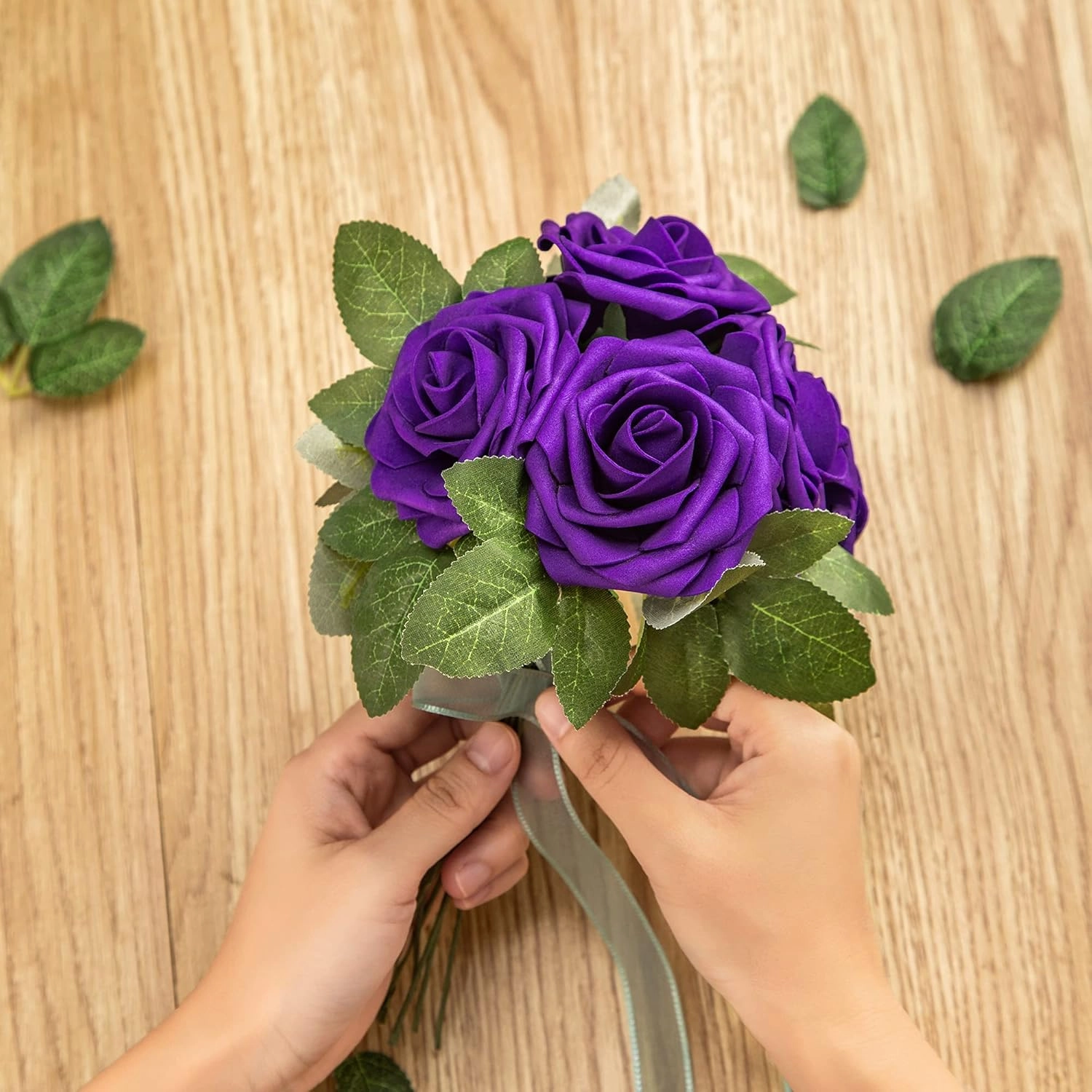 Artificial Flower Foam Purple Rose 50pcs Real Looking Fake Rose with Stems Leaves for Home Decoration Party Garden Centerpieces DIY Wedding Bouquets（Purple）