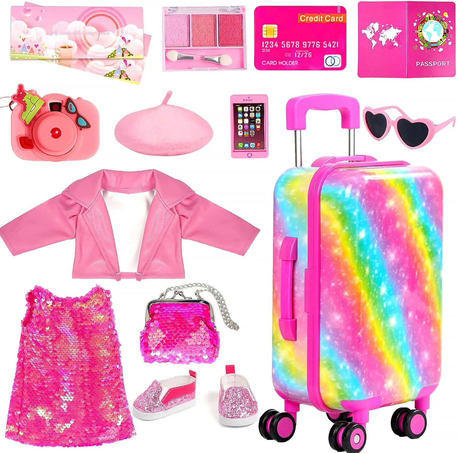 ARTST 18 Inch Doll Clothes Accessories, American 18 inch Doll Suitcase- Glasses,Beret,Shoes,Handbag,Camera, Passport,Mobile Phone Travel Set Toys for 3-12 Girls(NO Doll)