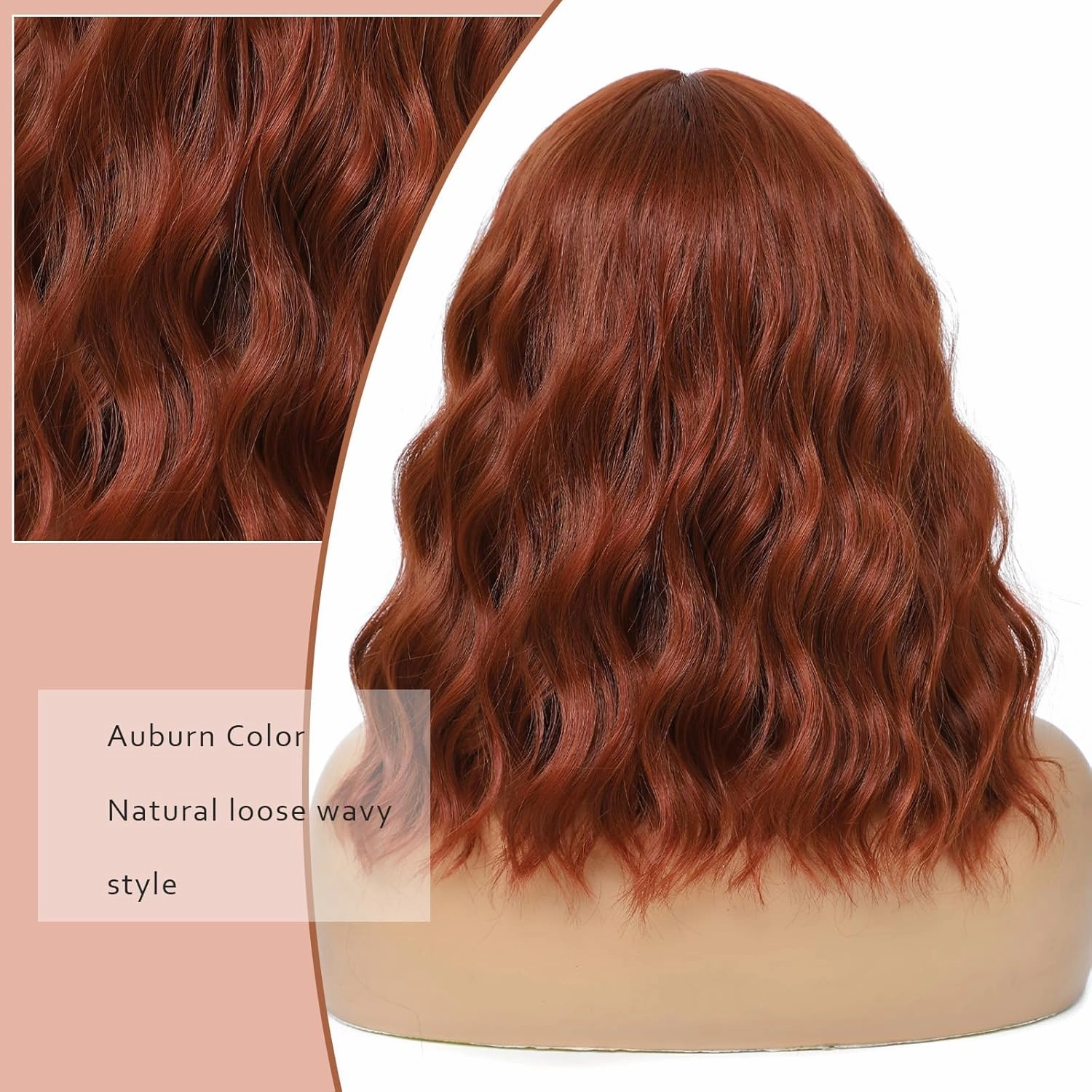 Auburn Wig for Women, Wavy Curly Auburn Bob Wigs Middle Part 14 Inch Shoulder Length Heat Resistant Synthetic Colorful Wig