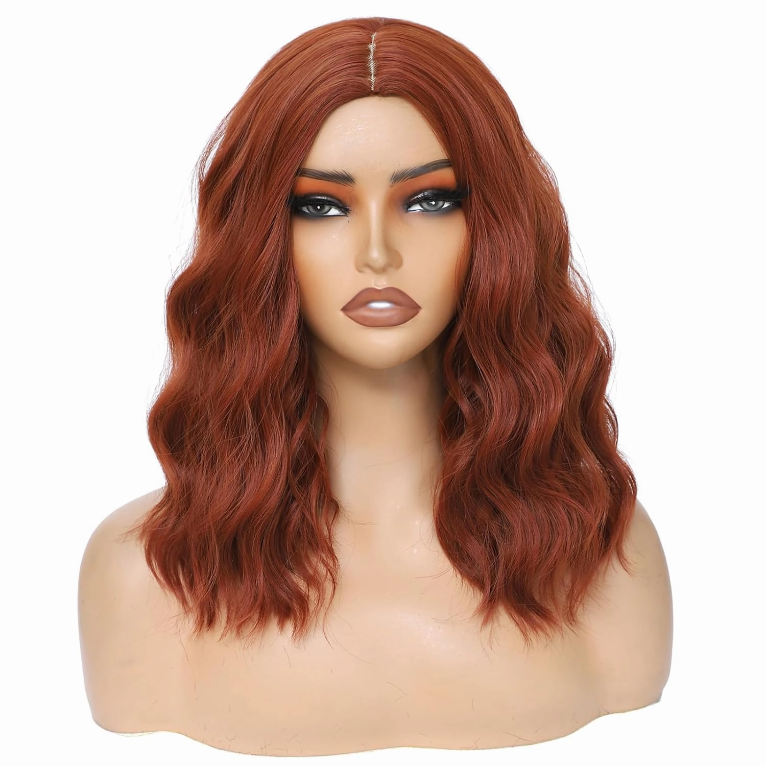 Auburn Wig for Women, Wavy Curly Auburn Bob Wigs Middle Part 14 Inch Shoulder Length Heat Resistant Synthetic Colorful Wig