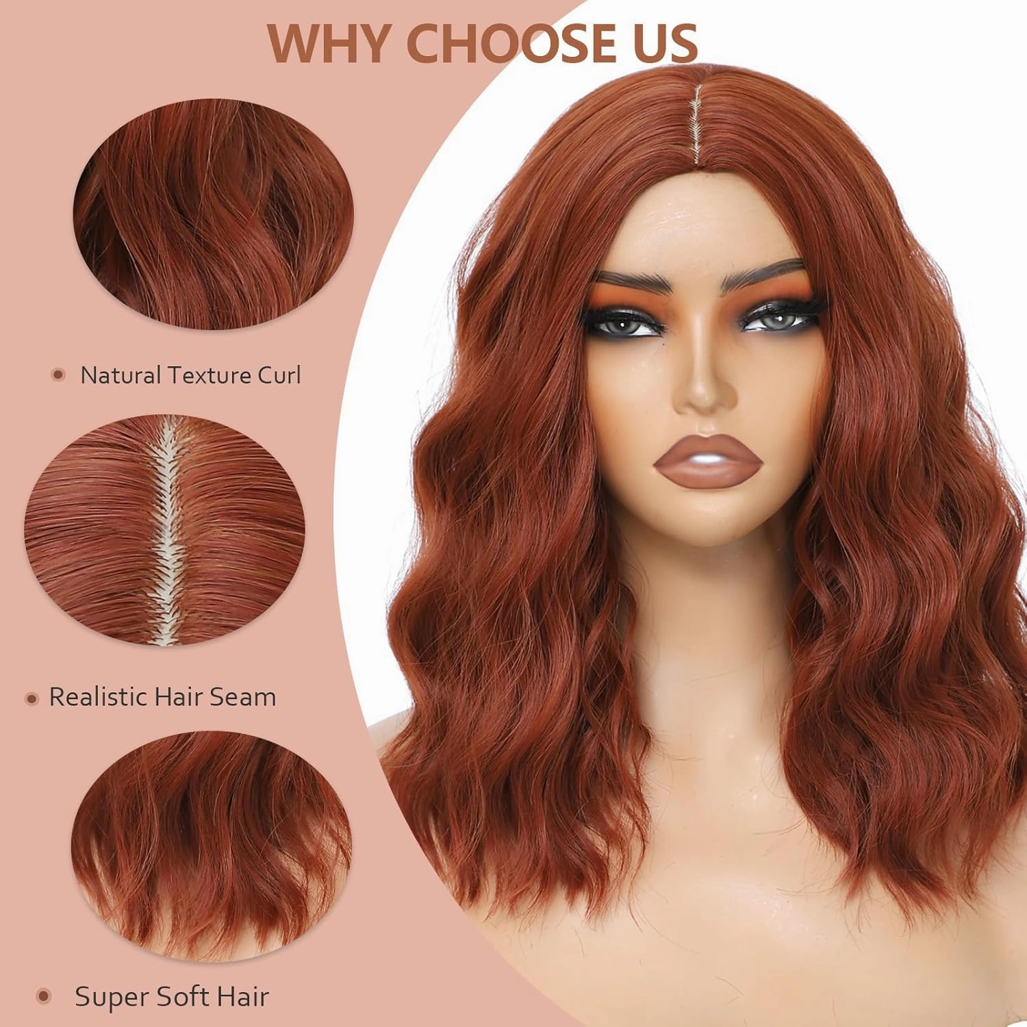 Auburn Wig for Women, Wavy Curly Auburn Bob Wigs Middle Part 14 Inch Shoulder Length Heat Resistant Synthetic Colorful Wig