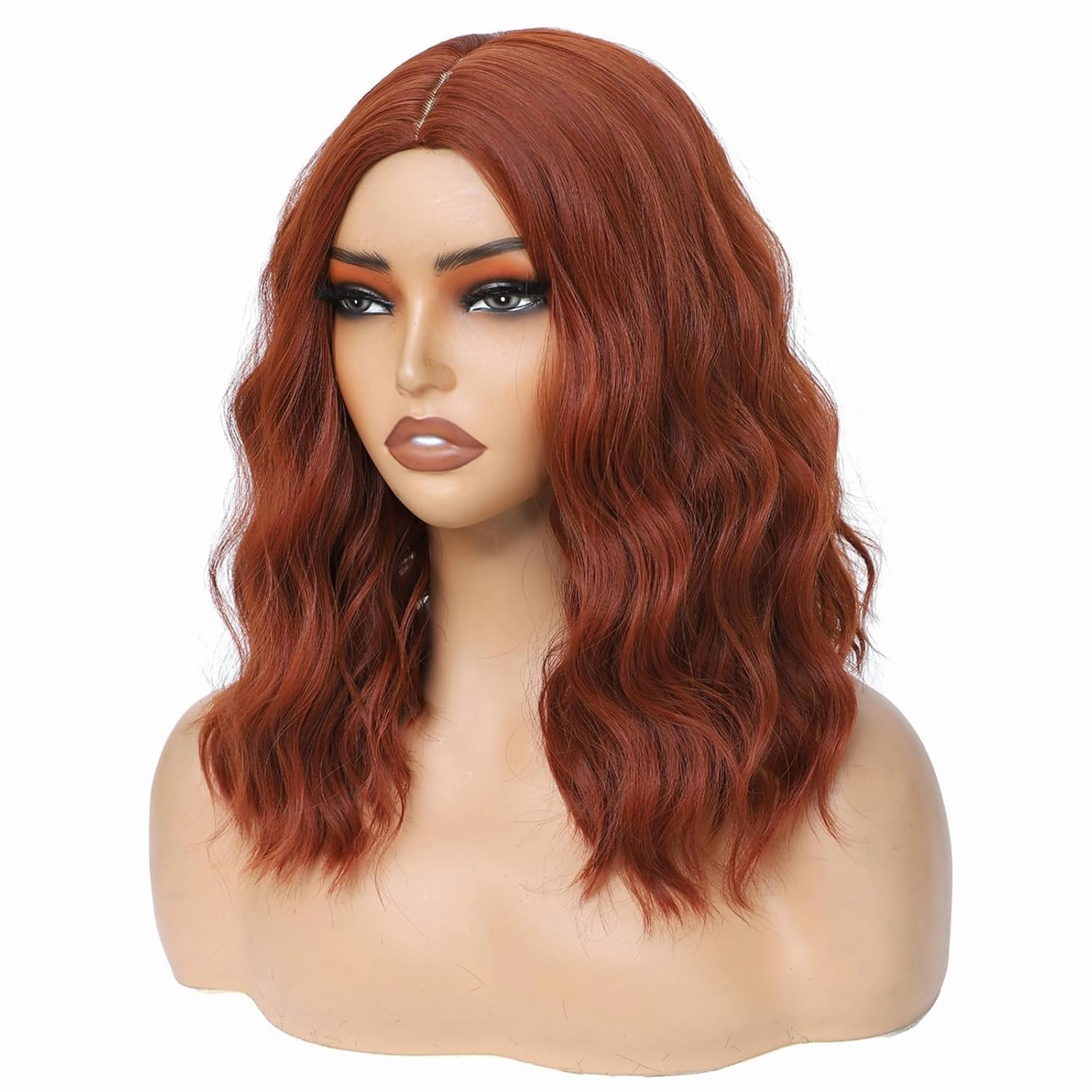 Auburn Wig for Women, Wavy Curly Auburn Bob Wigs Middle Part 14 Inch Shoulder Length Heat Resistant Synthetic Colorful Wig