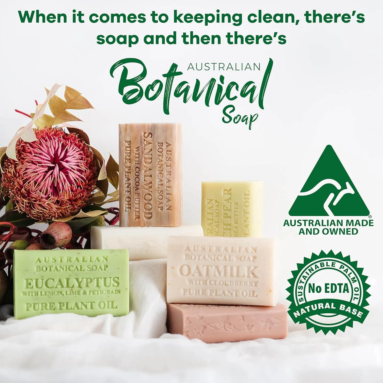 Australian Botanical Soap, 6.6 OZ, Triple Milled Bars made with Pure Plant Oil, a Natural Soap Base and Enriched with Organic Shea Butter, for Men, Women and All Skin Types, Variety Pack of 8