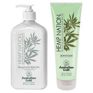 Australian Gold Hemp Nation Eucalyptus & White Tea Bundle - Tan Extender Body Lotion (18 FL Oz) and Exfoliating Agave & Lime Body Scrub (8 FL Oz), Skin Barrier Repair, Pure Hemp Seed Oil