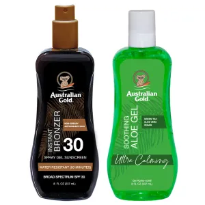 Australian Gold Sunscreen Spray Gel SPF 30 with Bronzer   Soothing After Sun Aloe Vera Gel, Hydrating Sunburn Relief & Broad Spectrum UVA/UVB Sunscreen Spray, Water Resistant, Vegan Skin Care Set