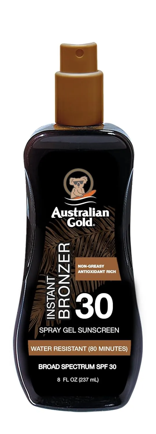 Australian Gold Sunscreen Spray Gel SPF 30 with Bronzer   Soothing After Sun Aloe Vera Gel, Hydrating Sunburn Relief & Broad Spectrum UVA/UVB Sunscreen Spray, Water Resistant, Vegan Skin Care Set