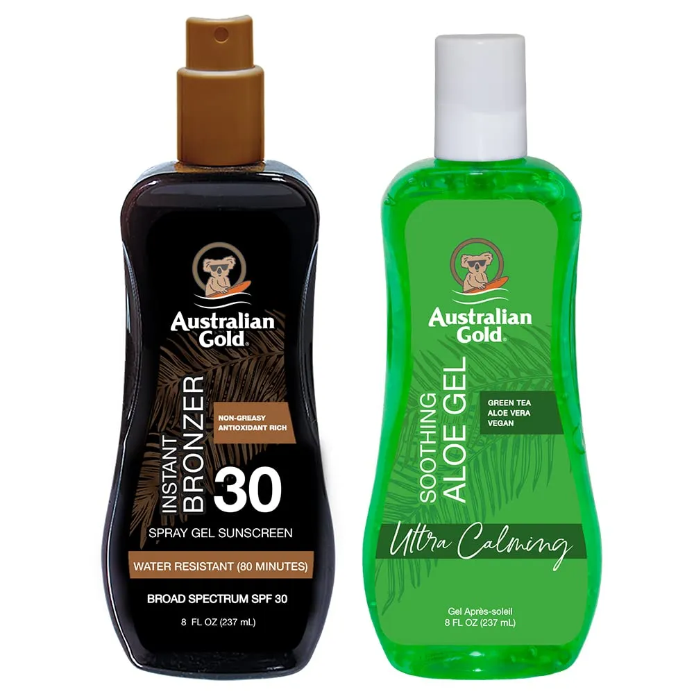 Australian Gold Sunscreen Spray Gel SPF 30 with Bronzer   Soothing After Sun Aloe Vera Gel, Hydrating Sunburn Relief & Broad Spectrum UVA/UVB Sunscreen Spray, Water Resistant, Vegan Skin Care Set