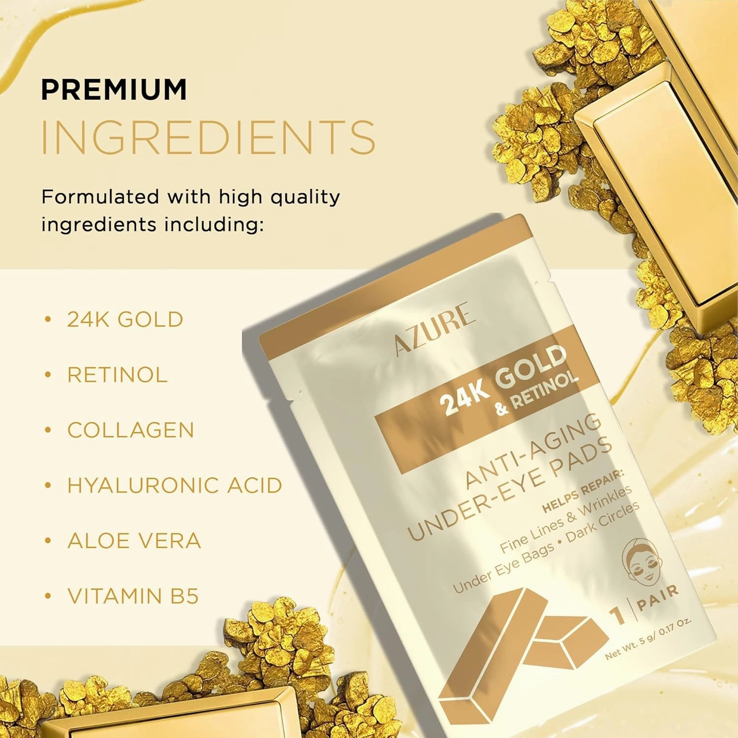 AZURE 24K Gold & Retinol Anti Aging Under Eye Patches - Firming, Restoring & Deeply Hydrating Eye Mask - Reduces Fine Lines, Wrinkles, Dark Circles & Puffiness - Skin Care Made in Korea - 10 Pairs