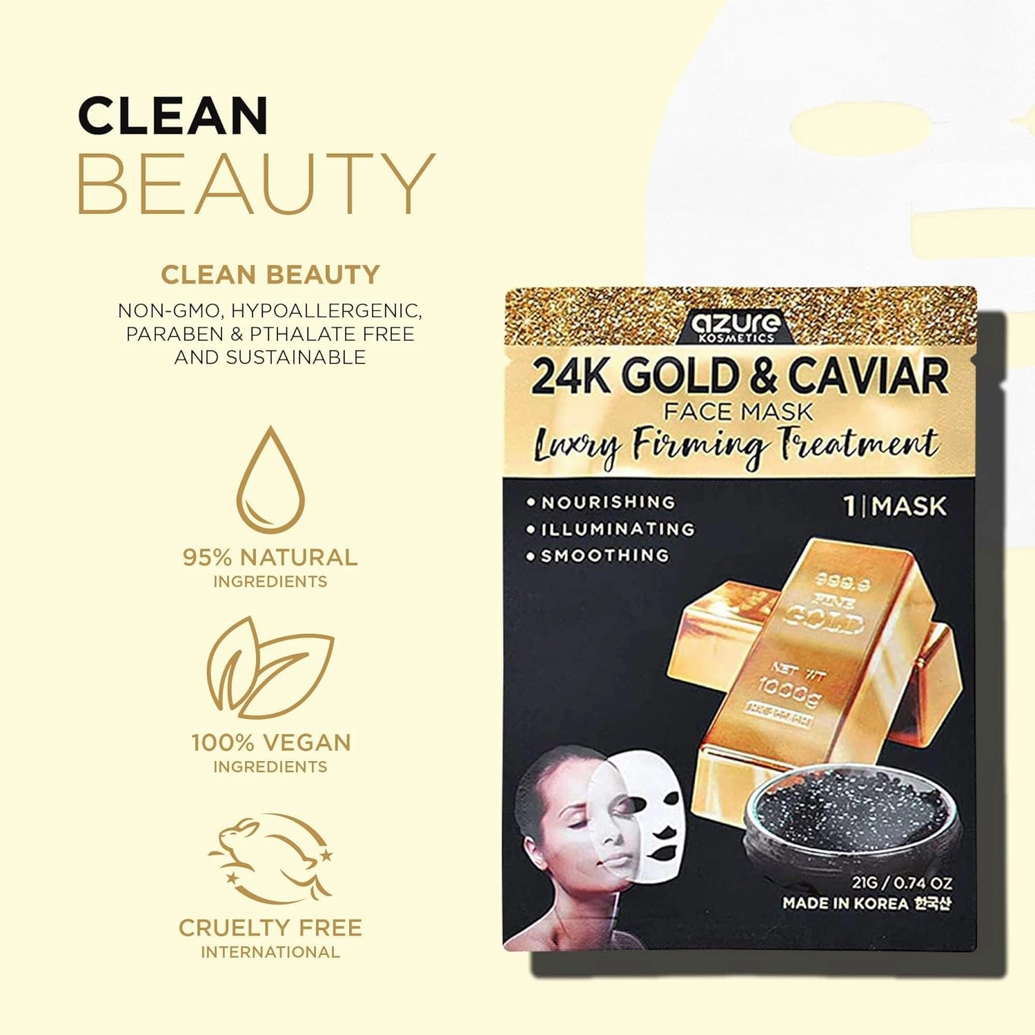 AZURE 24K Gold and Caviar Anti Aging Luxury Face Mask - Hydrating & Firming Facial Mask - Helps Reduce Wrinkles & Fine Lines with Hyaluronic Acid & Collagen - Skin Care Made in Korea - Pack of 10