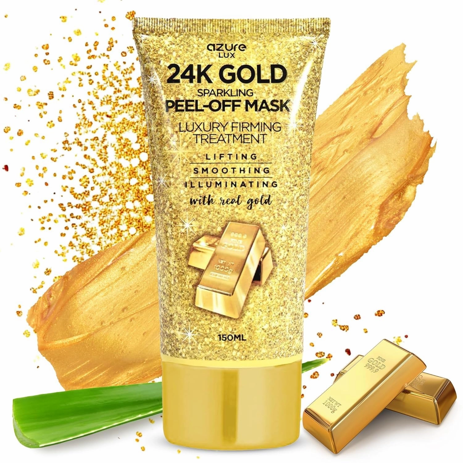 AZURE Sparkling Peel-Off Masks Bundle - Rose Gold Hydrating Peel-Off Mask - 24K Gold Firming Peel-Off Mask - Charcoal & Pearl Anti-Aging Skincare - 150 ml / 5.07 fl.oz