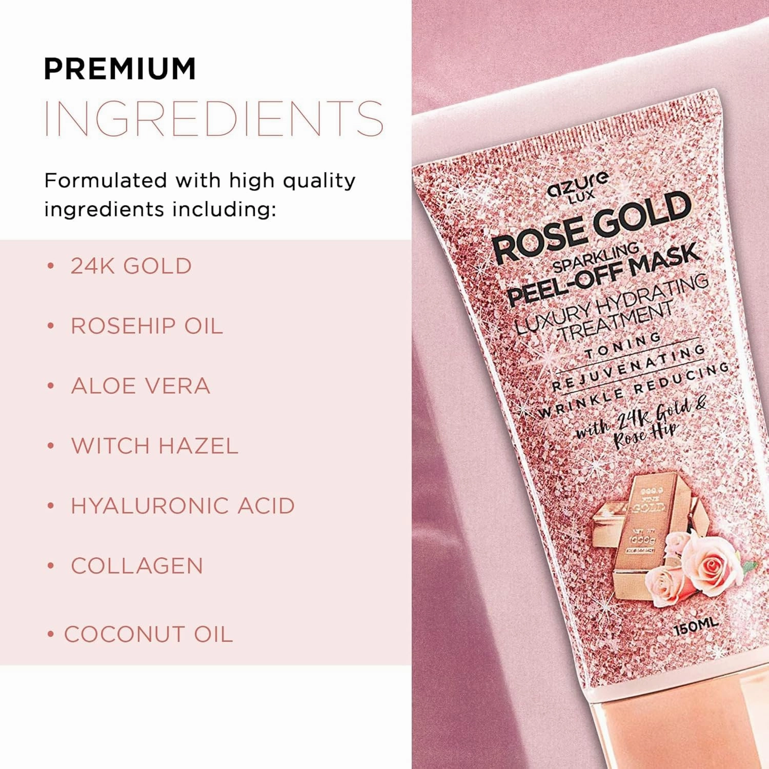 AZURE Sparkling Peel-Off Masks Bundle - Rose Gold Hydrating Peel-Off Mask - 24K Gold Firming Peel-Off Mask - Charcoal & Pearl Anti-Aging Skincare - 150 ml / 5.07 fl.oz