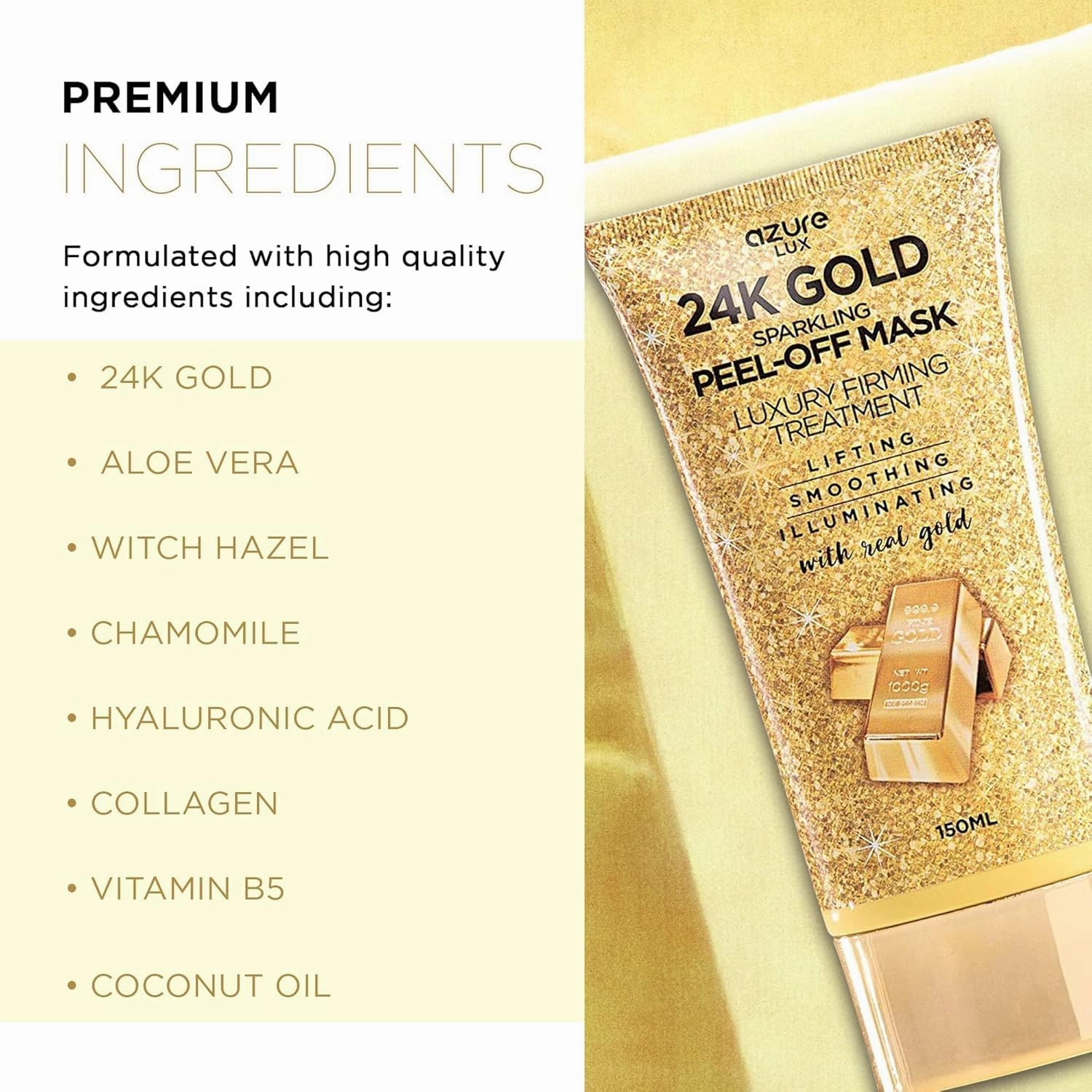 AZURE Sparkling Peel-Off Masks Bundle - Rose Gold Hydrating Peel-Off Mask - 24K Gold Firming Peel-Off Mask - Charcoal & Pearl Anti-Aging Skincare - 150 ml / 5.07 fl.oz
