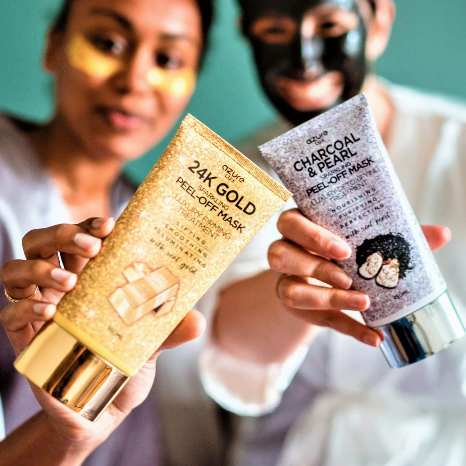 AZURE Sparkling Peel-Off Masks Bundle - Rose Gold Hydrating Peel-Off Mask - 24K Gold Firming Peel-Off Mask - Charcoal & Pearl Anti-Aging Skincare - 150 ml / 5.07 fl.oz