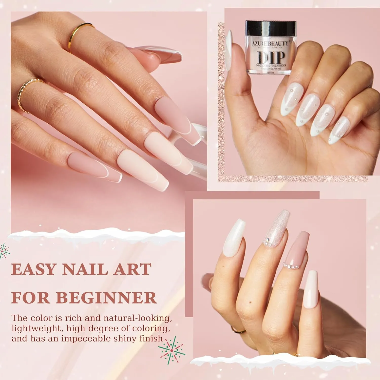AZUREBEAUTY Dip Powder Nail Kit Starter, All Season Nude Skin Glitter 4 Colors Dipping Powder Liquid Set Recycling Tray with Base & Top Coat Activator for French Nail Art Manicure Salon DIY at Home.