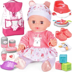 Baby Doll with Carrier, 14'' Realistic Dolls with Accessory Playset Includes Infant Baby Doll Backpack, Feeding Set, Baby Care Accessories, Toddler Pretend Play Toys for 3  Years Old Kids Girls