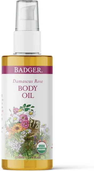 Badger Rose Body Oil, 100% Organic Rose Scented Body Oil, All Natural Body Moisturizer, Organic Jojoba & Rose Oils Soothe Dry Skin, 4 fl oz Glass Bottle