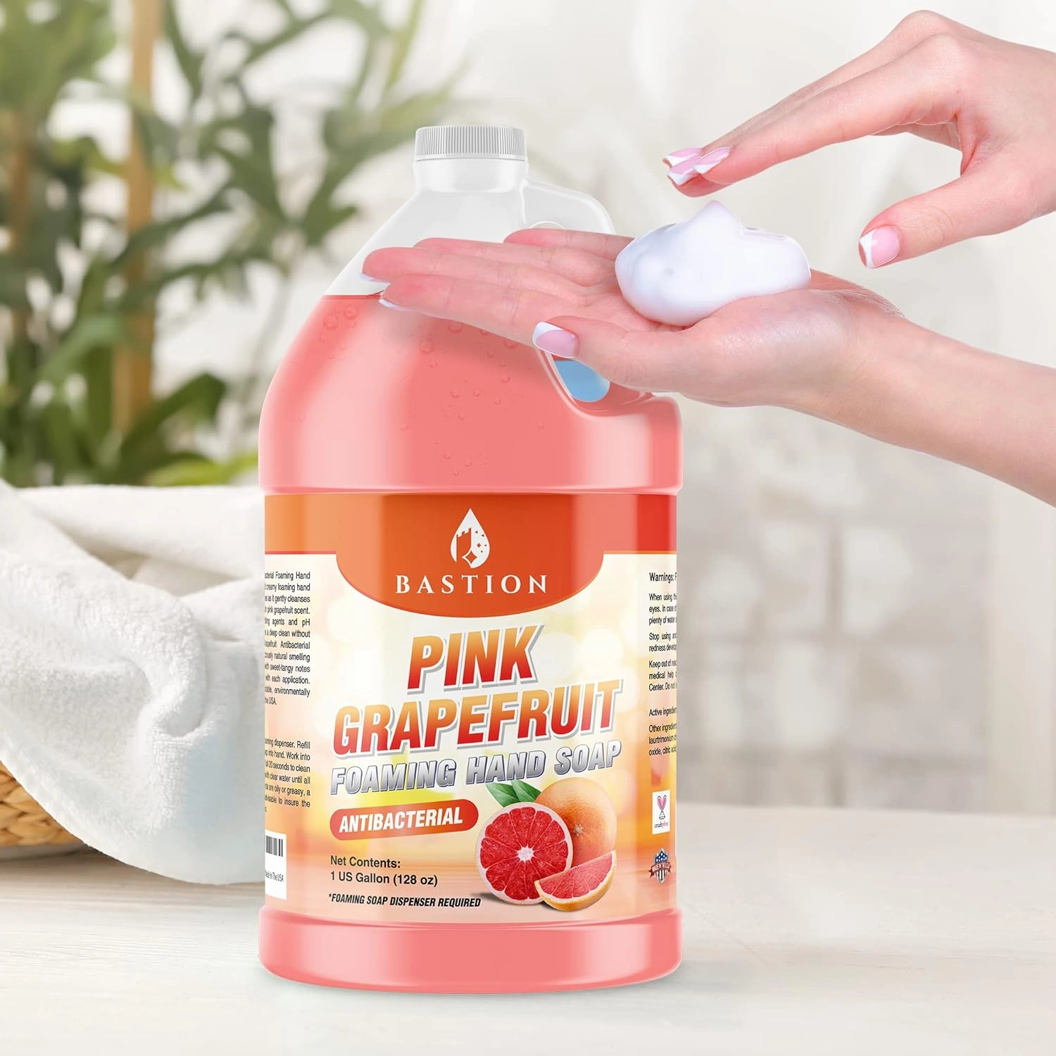Bastion Pink Grapefruit Foaming Antibacterial Hand Soap Refill 1 Gallon (128 oz) Refreshing Pink Grapefruit Scent Bulk Hand Soap-Made In The USA.