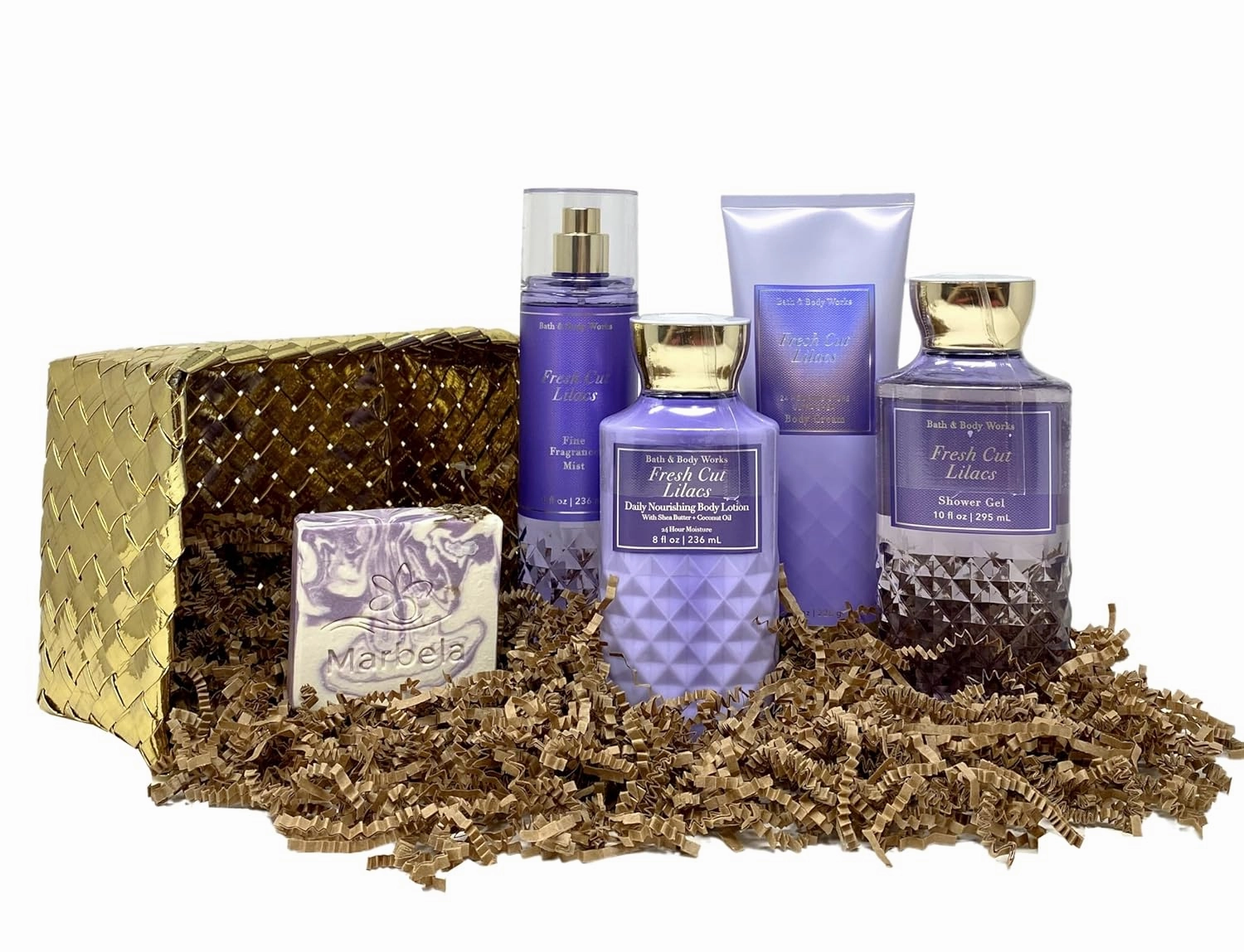 Bath & Body Works Fresh Cut Lilacs Deluxe Gold Woven Basket Gift Set with a Lavender Dream Bar Soap - Fragrance Mist - Body Cream - Shower Gel and Body Lotion - Full Size