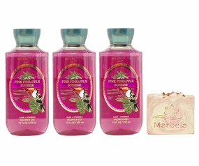 Bath & Body Works Pink Pineapple Sunrise 3 Pack Shower Gel Bundle with a Himalayan Salts Springs Bar Soap - Full Size