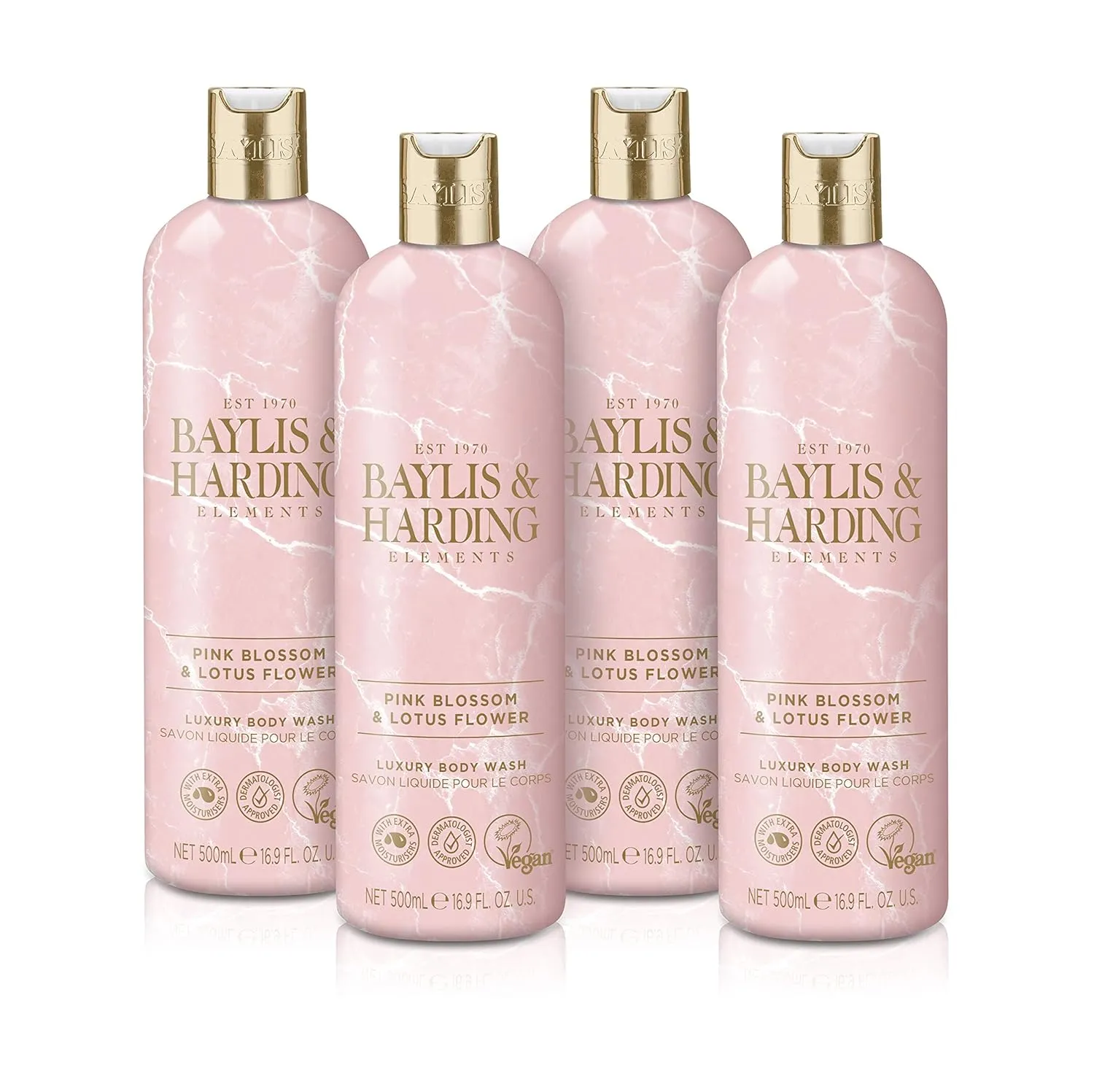 Baylis & Harding Liquid Body Wash Soap, Elements, Pink Blossom & Lotus Flower, 16.9oz/500ml (4-Pack)