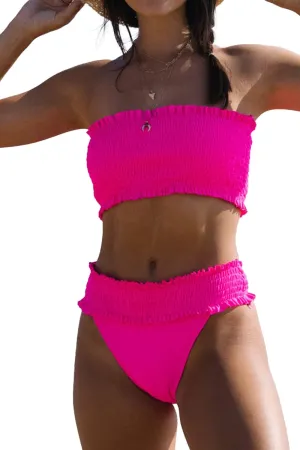 Beachsissi Women's Smocked Stringy Selvedge Bathing Suit Solid Rose Red Bikini Set