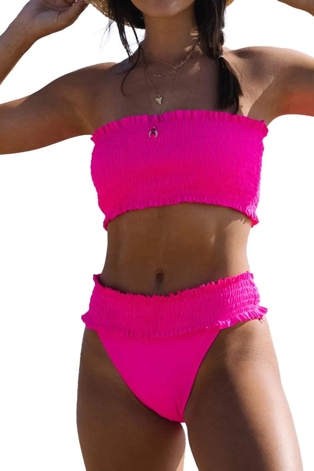 Beachsissi Women's Smocked Stringy Selvedge Bathing Suit Solid Rose Red Bikini Set