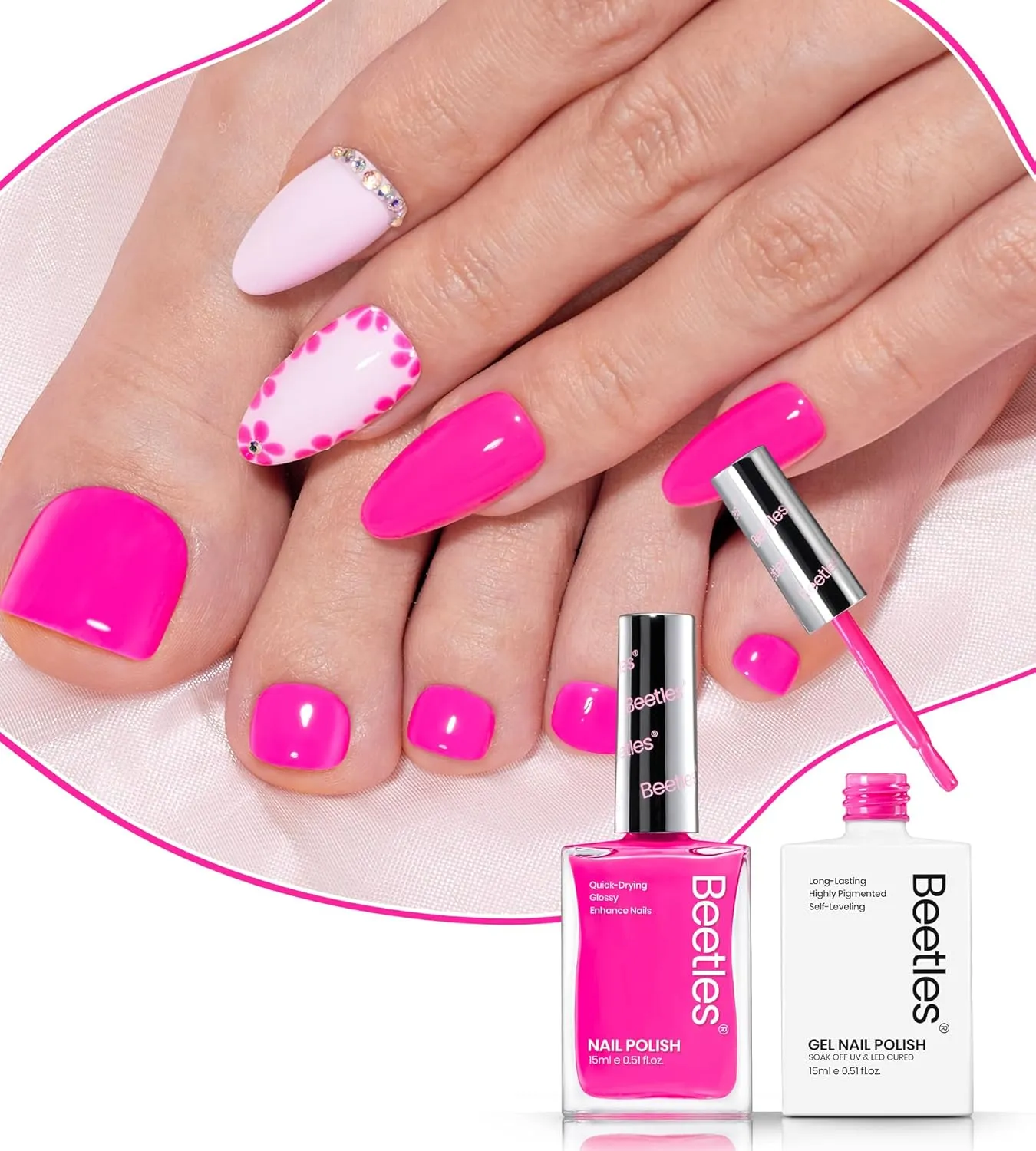Beetles Top Coat Nail Polish, 15ml Clear Nail Polish Quick Dry with Beetles Pink Gel Nail Polish Set, 2Pcs 15ml Hot Pink Nail Polish Quick Dry & Bright Pink Gel Nail Polish