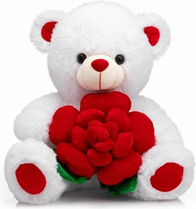 BEJOY Teddy Bear Stuffed Animals Plush Bear Holding Rose Soft Plush Toy Gifts 16 inches White