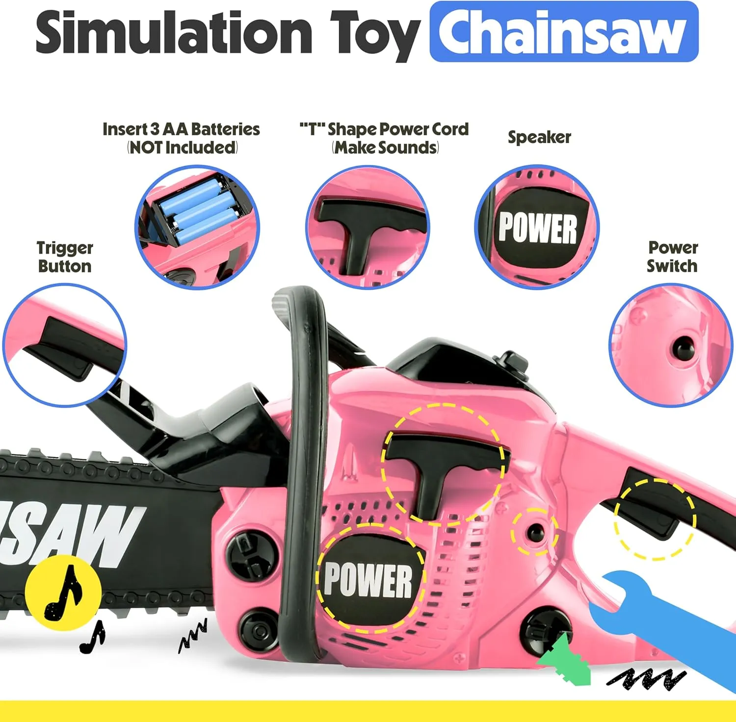 BELLOCHIDDO Toy Chainsaw - Construction Toy Power Tools with Realistic Sounds, Goggles Assesories, Outdoor Pretend Play Set, Gift for Kids Aged 3  (Pink)
