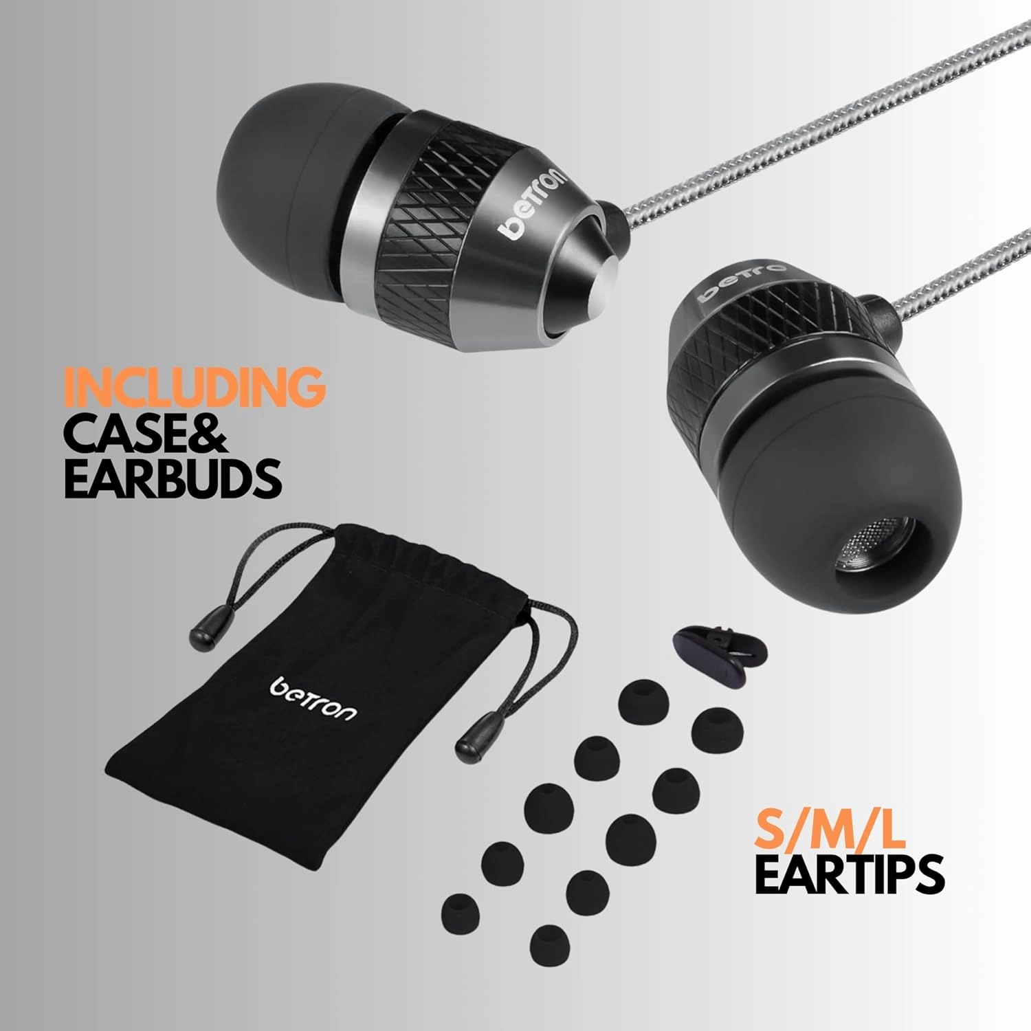 Betron B25 Earphones, Noise Isolating in-Ear Wired Headphones with Strong Bass, Tangle-Free Cord, Lightweight, Carry Case and Soft Earbud Tips (Black)