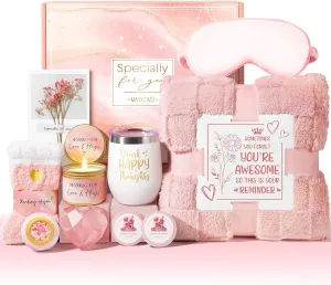 Birthday Gifts for Women, Self Care Gifts Get Well Soon Gifts Basket for Women, Rose Relaxing Spa Gifts Care Package w/ Luxury Blanket, Mothers Day Gifts for Mom Her Wife Girlfriend Friend Sister