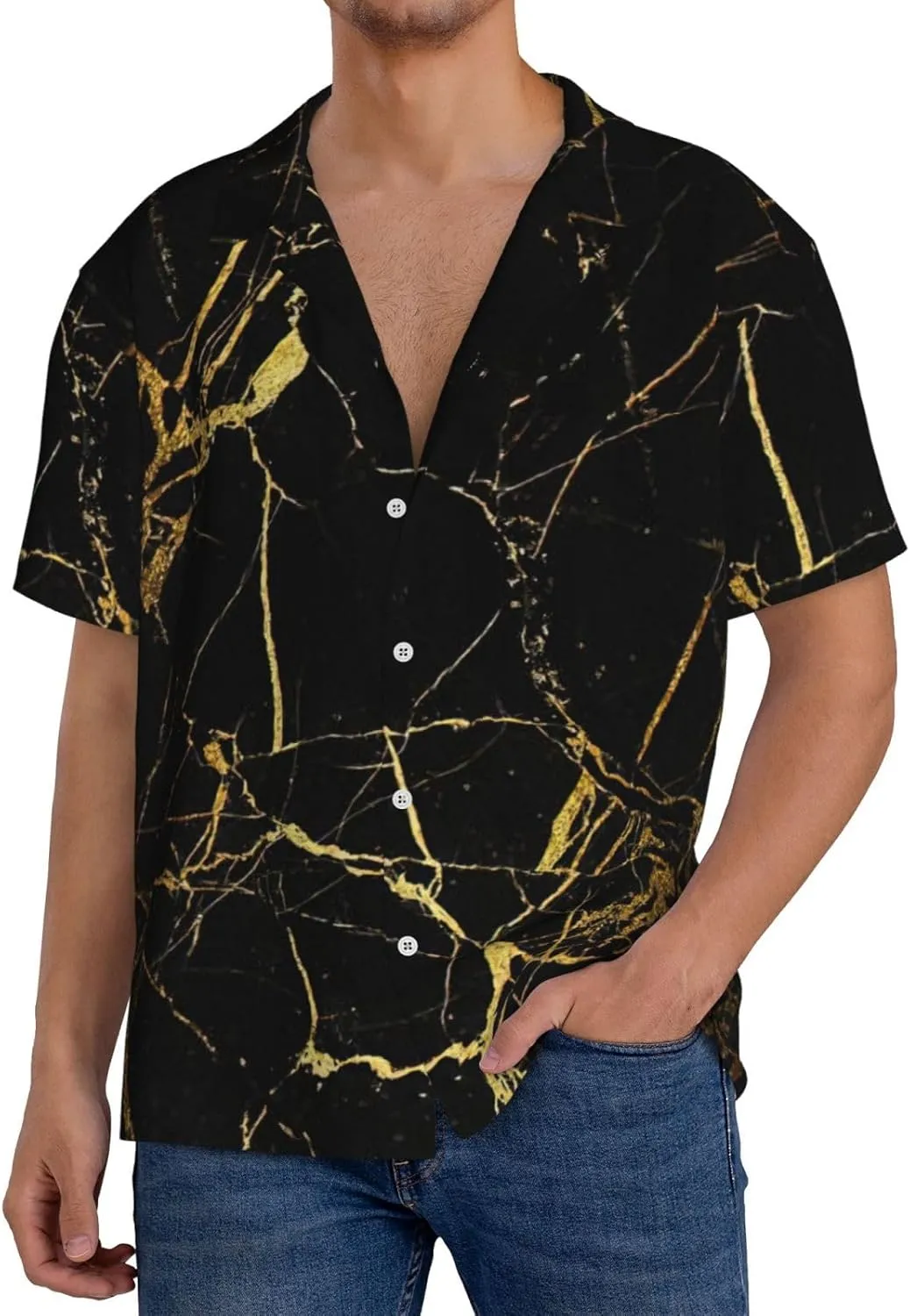 Black Gold Marble Printing Men's Fashion Summer Short Sleeve Button Shirt with Pocket,S-4xl Cuban Shirt Hawaiian Shirt