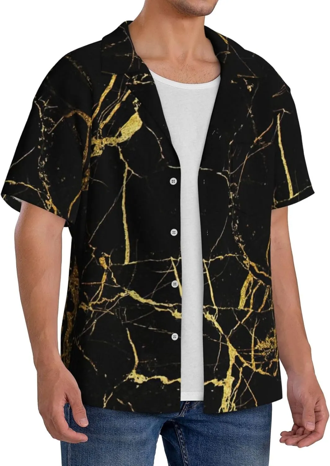 Black Gold Marble Printing Men's Fashion Summer Short Sleeve Button Shirt with Pocket,S-4xl Cuban Shirt Hawaiian Shirt