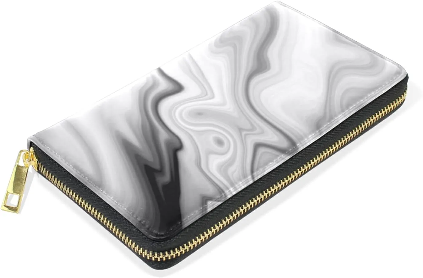 Black White Liquid Marble Agate Slab Paint Pastel Macro Wavy Leather Long Wallet Organizer with Zipper Purse Clutch Bag for Women Men Key Card Coin Passport Checkbook