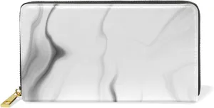 Black White Liquid Marble Agate Slab Paint Pastel Macro Wavy Leather Long Wallet Organizer with Zipper Purse Clutch Bag for Women Men Key Card Coin Passport Checkbook