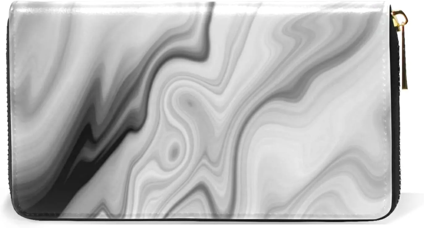 Black White Liquid Marble Agate Slab Paint Pastel Macro Wavy Leather Long Wallet Organizer with Zipper Purse Clutch Bag for Women Men Key Card Coin Passport Checkbook