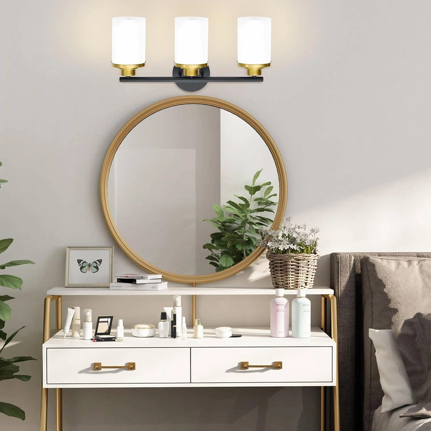 Black Gold Bathroom Light Fixtures,3-Light Black Gold Bathroom Lights Over Mirror,Mid-Century Modern Vanity Light with Frosted Glass Shades for Bathroom,Living Room