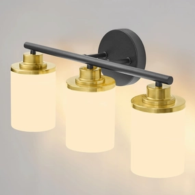 Black Gold Bathroom Light Fixtures,3-Light Black Gold Bathroom Lights Over Mirror,Mid-Century Modern Vanity Light with Frosted Glass Shades for Bathroom,Living Room