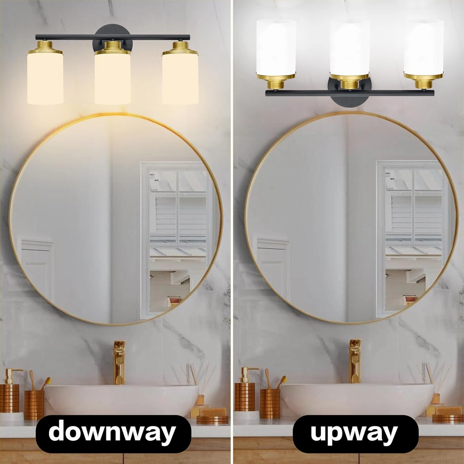 Black Gold Bathroom Light Fixtures,3-Light Black Gold Bathroom Lights Over Mirror,Mid-Century Modern Vanity Light with Frosted Glass Shades for Bathroom,Living Room