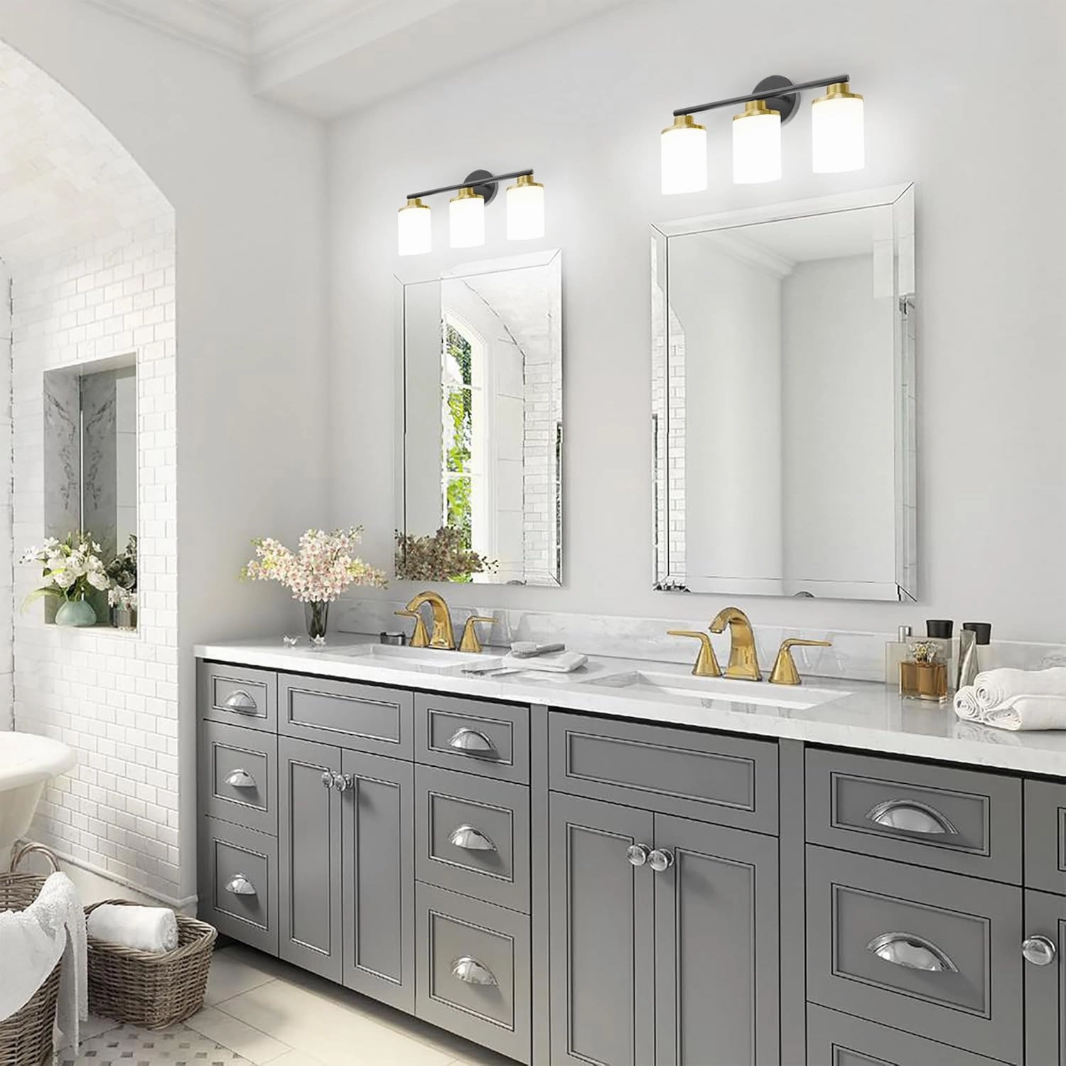 Black Gold Bathroom Light Fixtures,3-Light Black Gold Bathroom Lights Over Mirror,Mid-Century Modern Vanity Light with Frosted Glass Shades for Bathroom,Living Room