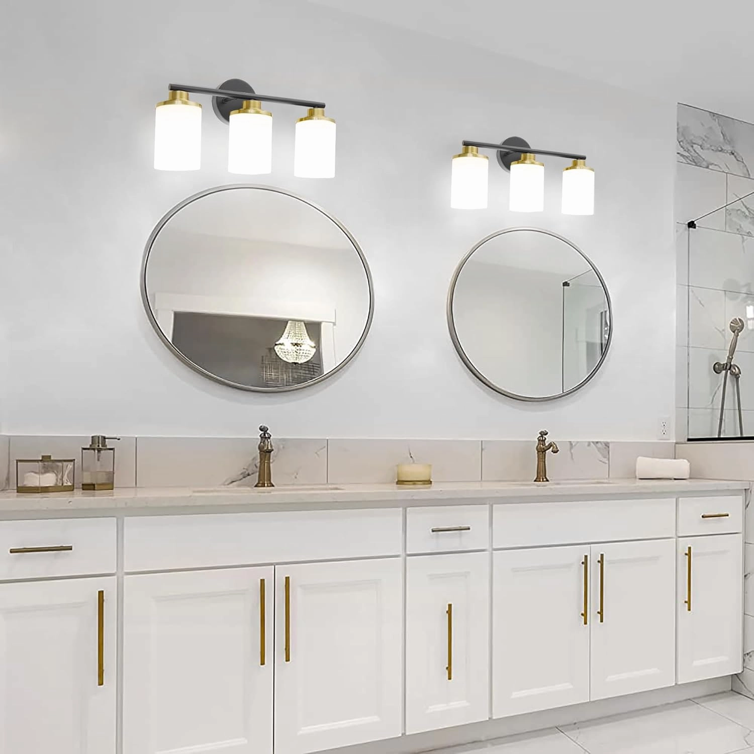 Black Gold Bathroom Light Fixtures,3-Light Black Gold Bathroom Lights Over Mirror,Mid-Century Modern Vanity Light with Frosted Glass Shades for Bathroom,Living Room