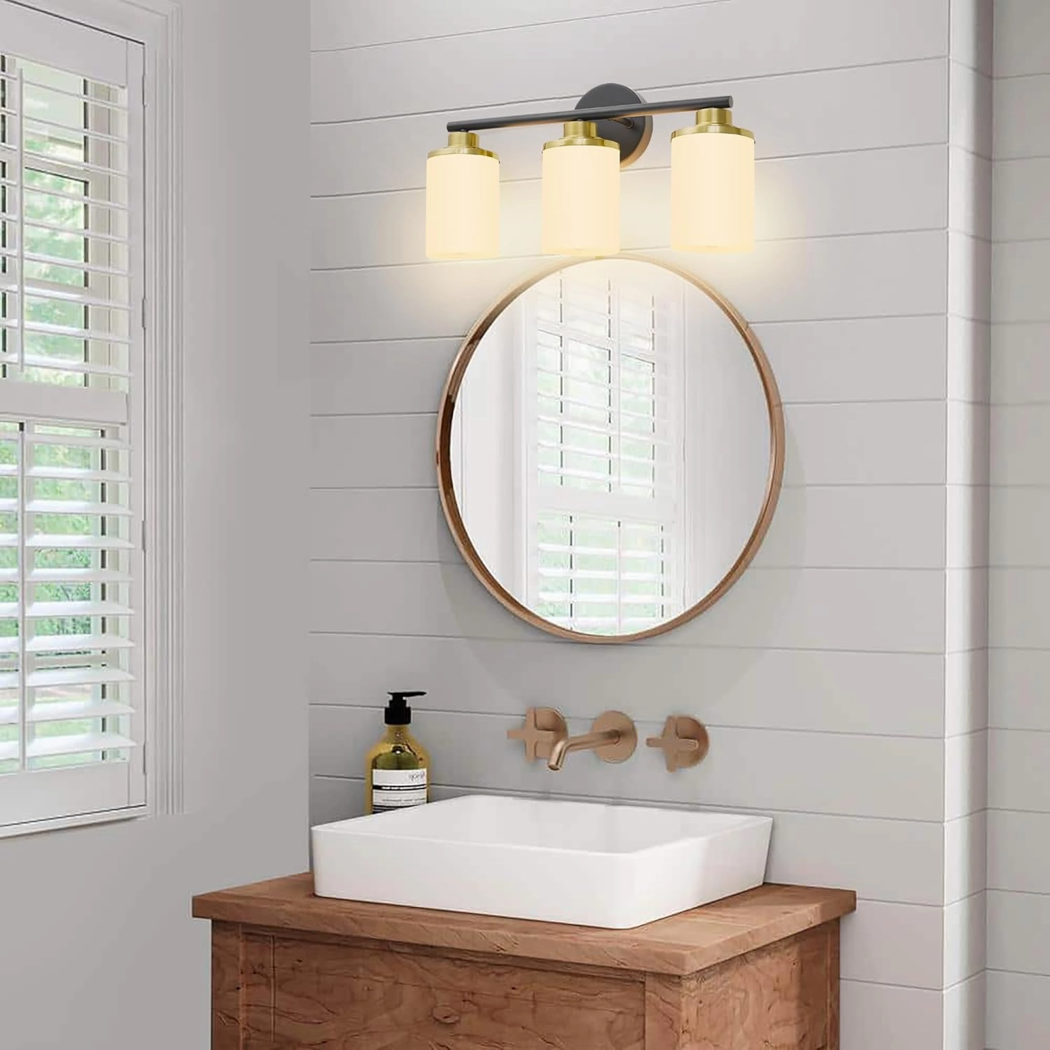 Black Gold Bathroom Light Fixtures,3-Light Black Gold Bathroom Lights Over Mirror,Mid-Century Modern Vanity Light with Frosted Glass Shades for Bathroom,Living Room
