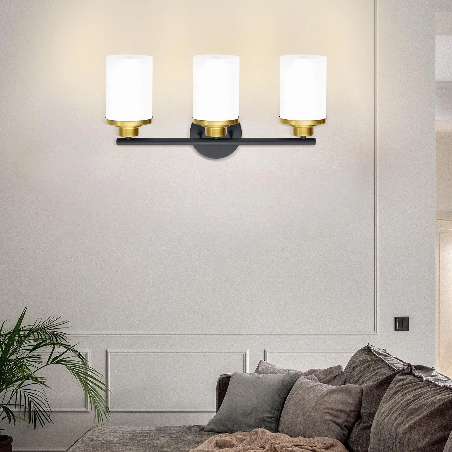 Black Gold Bathroom Light Fixtures,3-Light Black Gold Bathroom Lights Over Mirror,Mid-Century Modern Vanity Light with Frosted Glass Shades for Bathroom,Living Room