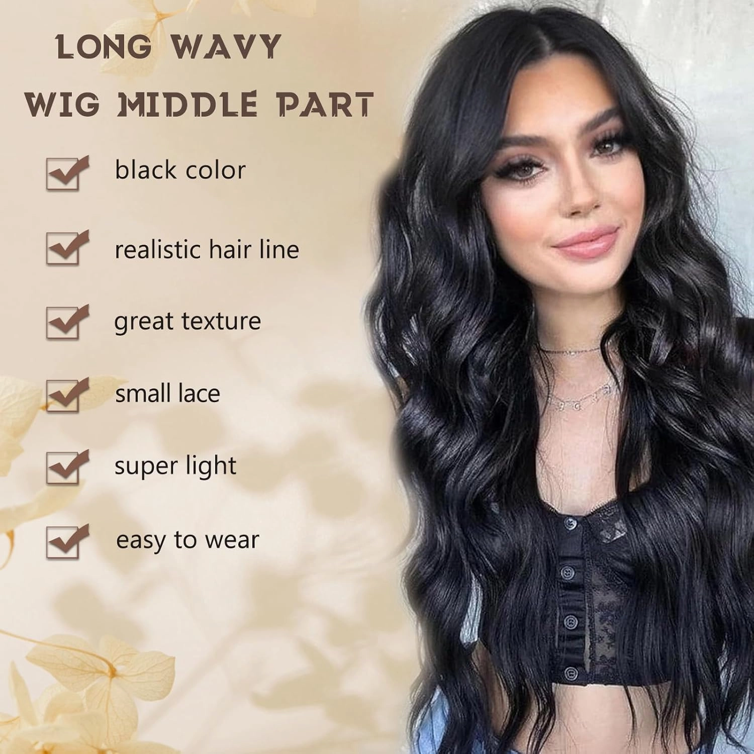 Black Wig for Women, Long Black Wavy Wig Middle Part 26 Inch Black Wigs Natural Looking Heat Resistant Synthetic Wig for Daily Party Use