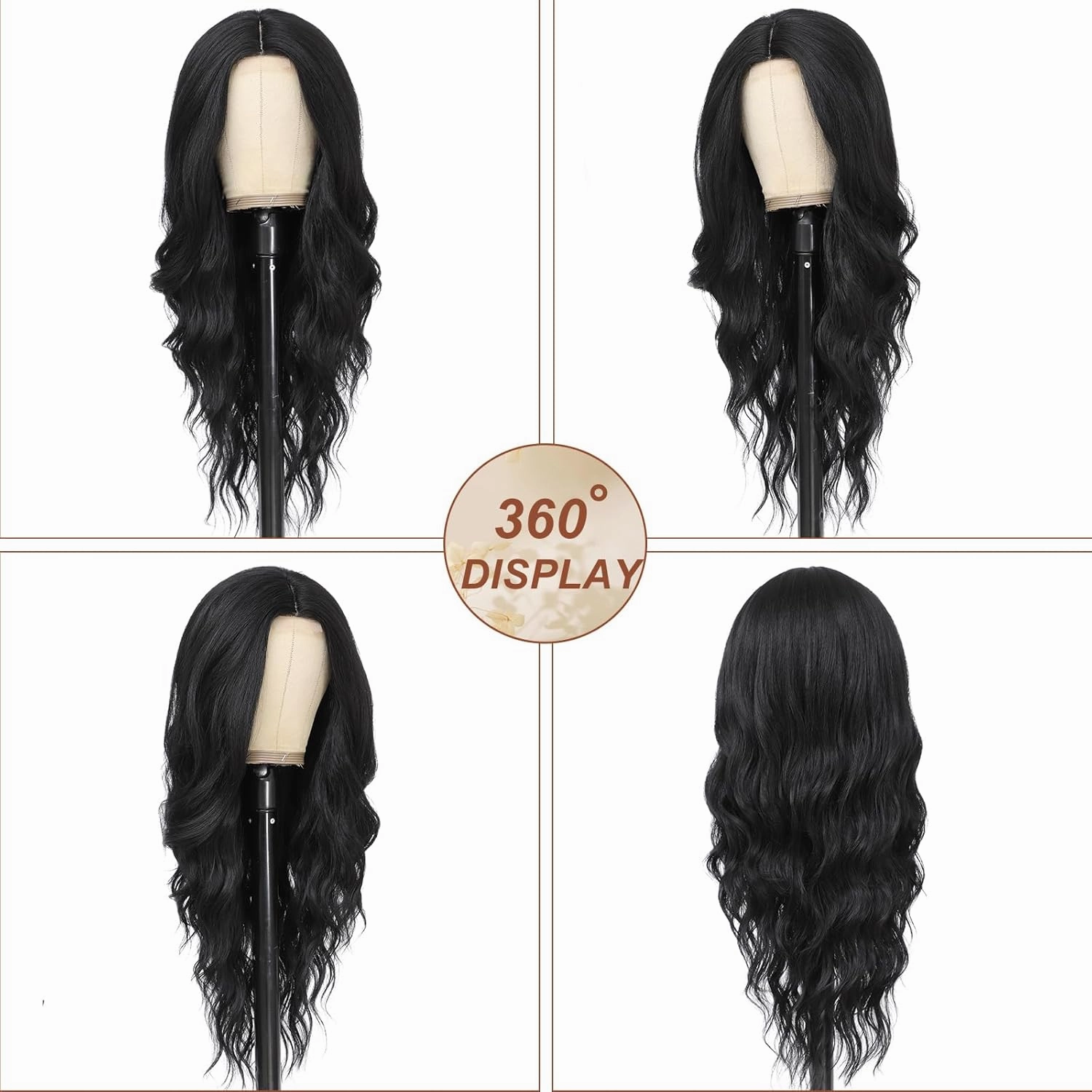 Black Wig for Women, Long Black Wavy Wig Middle Part 26 Inch Black Wigs Natural Looking Heat Resistant Synthetic Wig for Daily Party Use