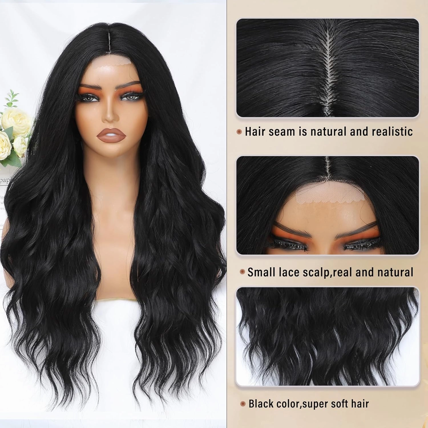Black Wig for Women, Long Black Wavy Wig Middle Part 26 Inch Black Wigs Natural Looking Heat Resistant Synthetic Wig for Daily Party Use