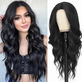 Black Wig for Women, Long Black Wavy Wig Middle Part 26 Inch Black Wigs Natural Looking Heat Resistant Synthetic Wig for Daily Party Use