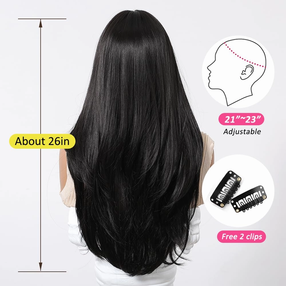 Black Wigs for Women Long Wig with Bangs Natural Straight Wigs Synthetic Hair Heat Resistant Wigs for Daily Party Cosplay Wear