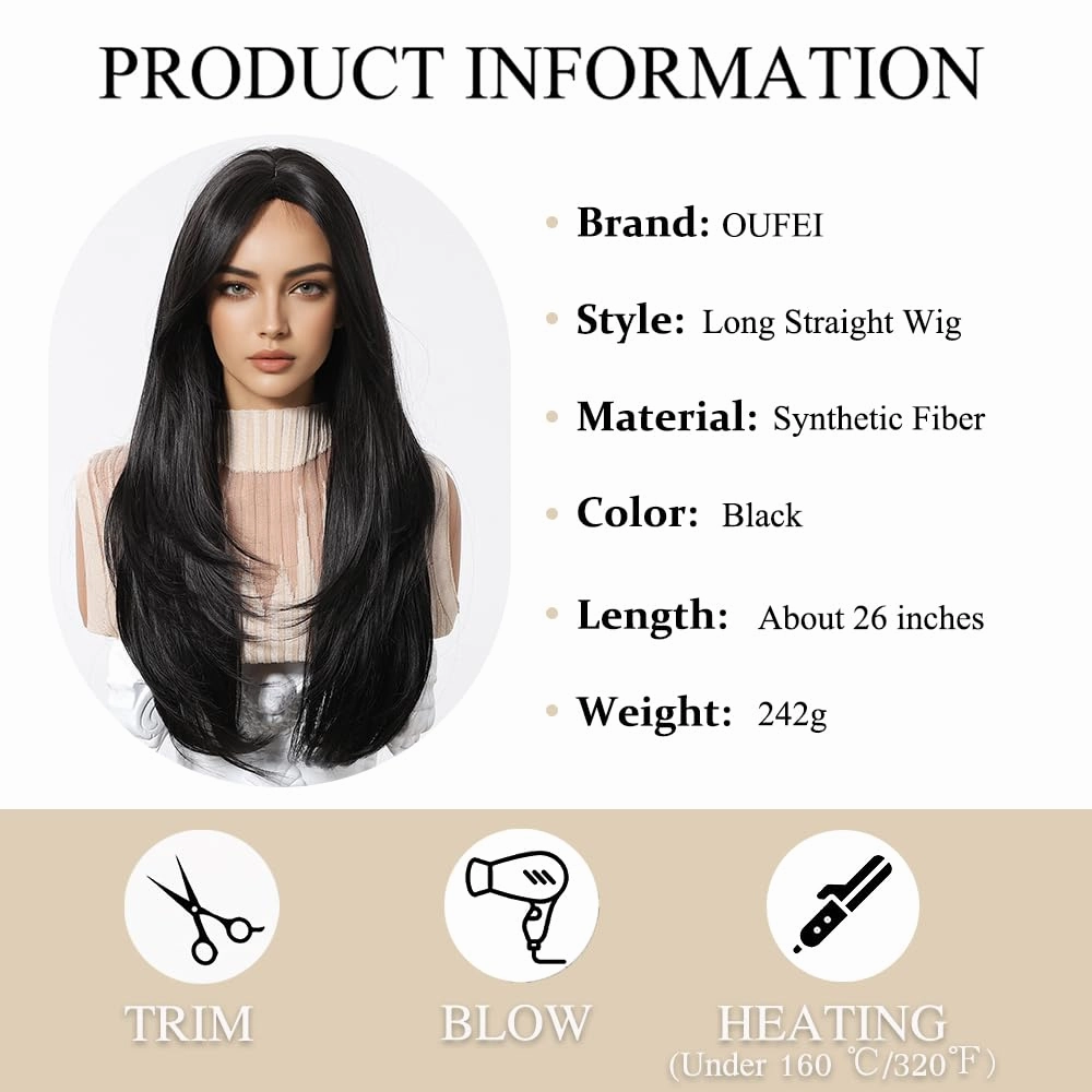 Black Wigs for Women Long Wig with Bangs Natural Straight Wigs Synthetic Hair Heat Resistant Wigs for Daily Party Cosplay Wear