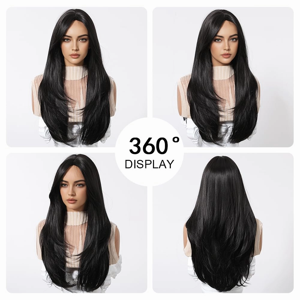 Black Wigs for Women Long Wig with Bangs Natural Straight Wigs Synthetic Hair Heat Resistant Wigs for Daily Party Cosplay Wear